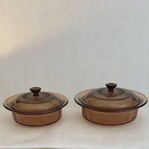 Vintage Corning Vision Amber Casseroles with matching lids. Set of 2